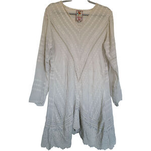 Johnny Was Embroidered Eyelet Lace Tunic Coverup Mini Boho V Neck Cream Size M